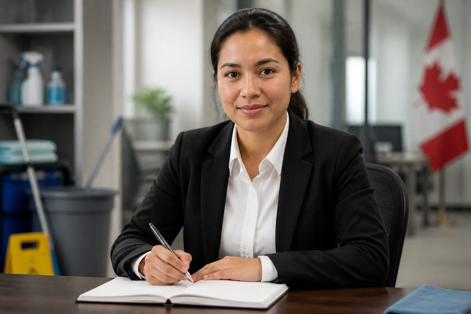 Medium close-up portrait of a cleaner candidate in professional attire at a desk.
