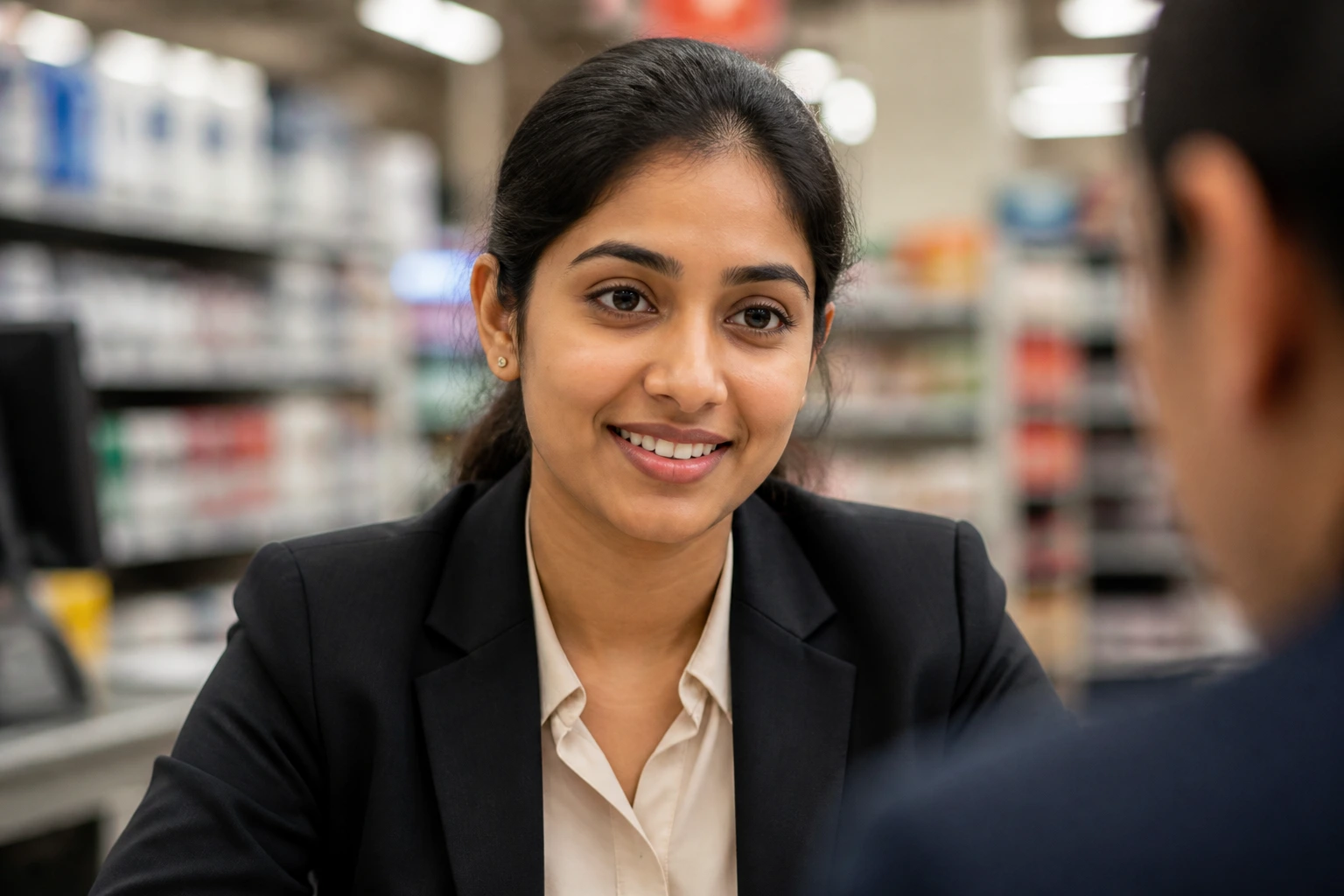 Professional in an interview setting, thoughtful expression