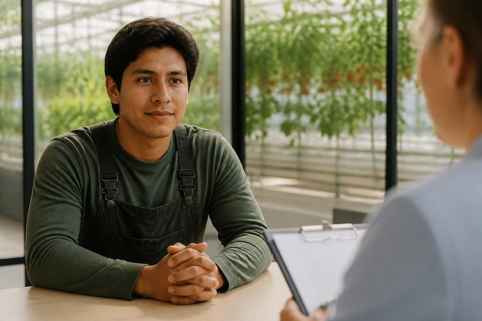 Candidate answering interview questions in a greenhouse job interview