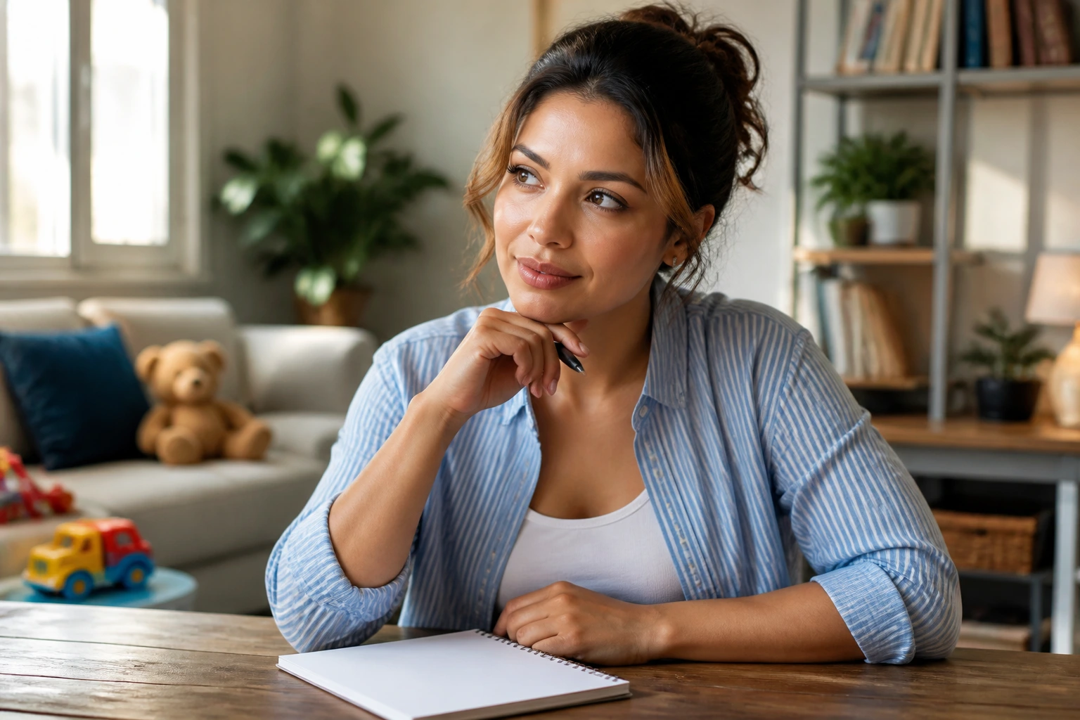 Close-up portrait of a person at a home desk, thinking about interview questions