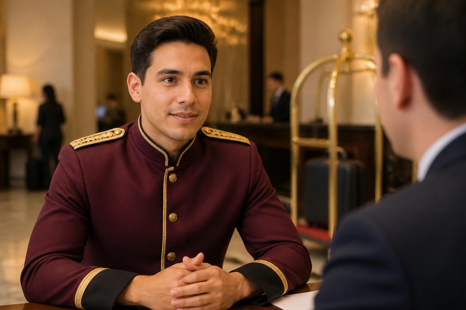 Candidate during a hotel interview in a lobby.