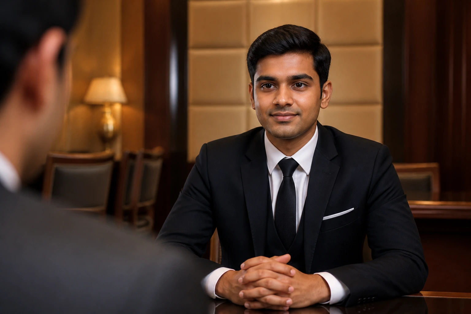 Polished candidate in hotel interview setting, head-and-shoulders portrait