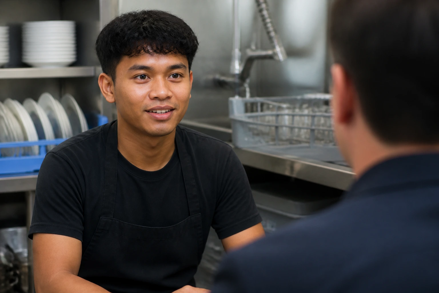 Candidate in interview demonstrating understanding of kitchen work