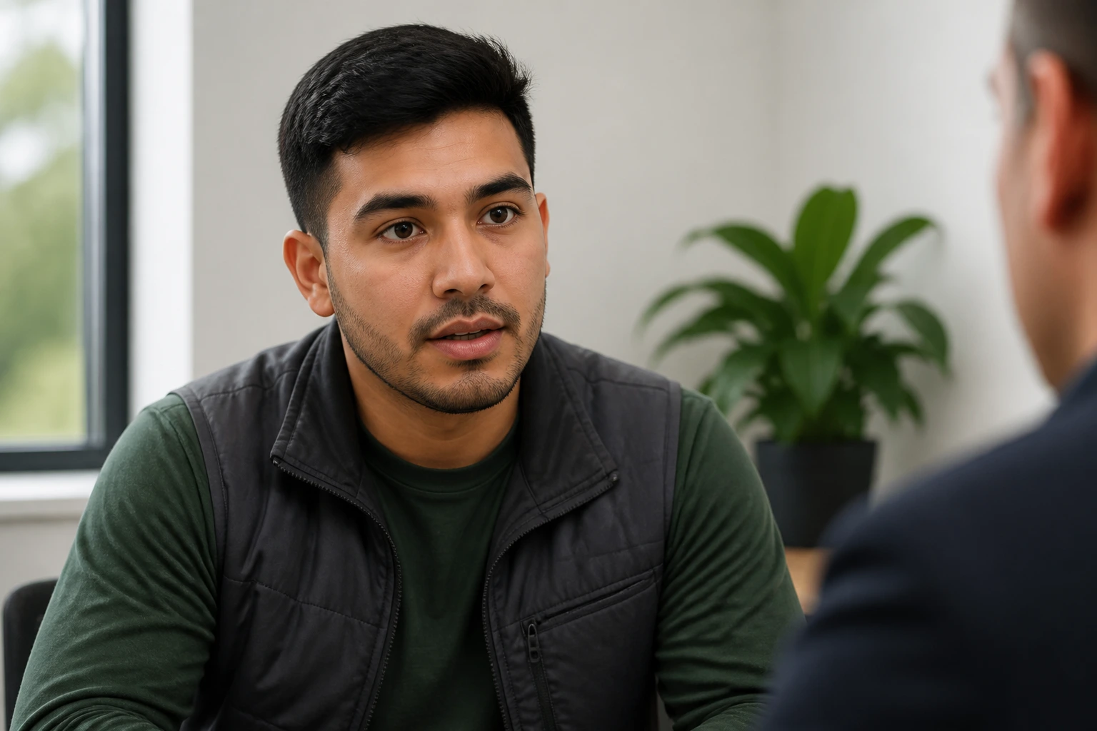 Close-up portrait of a candidate during a calm interview setup.