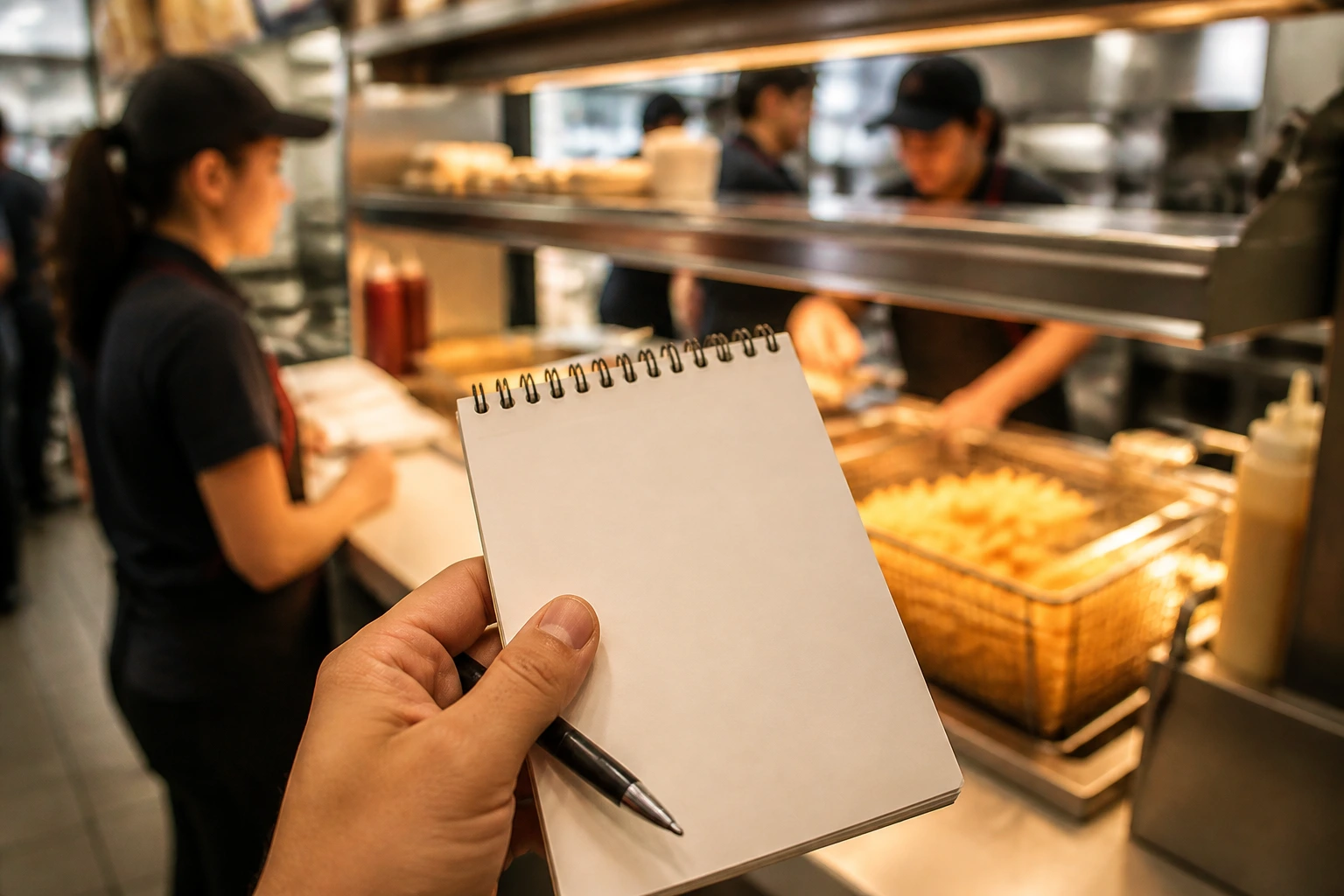 Close-up of a blank notepad and pen for interview notes in a fast-food kitchen setting