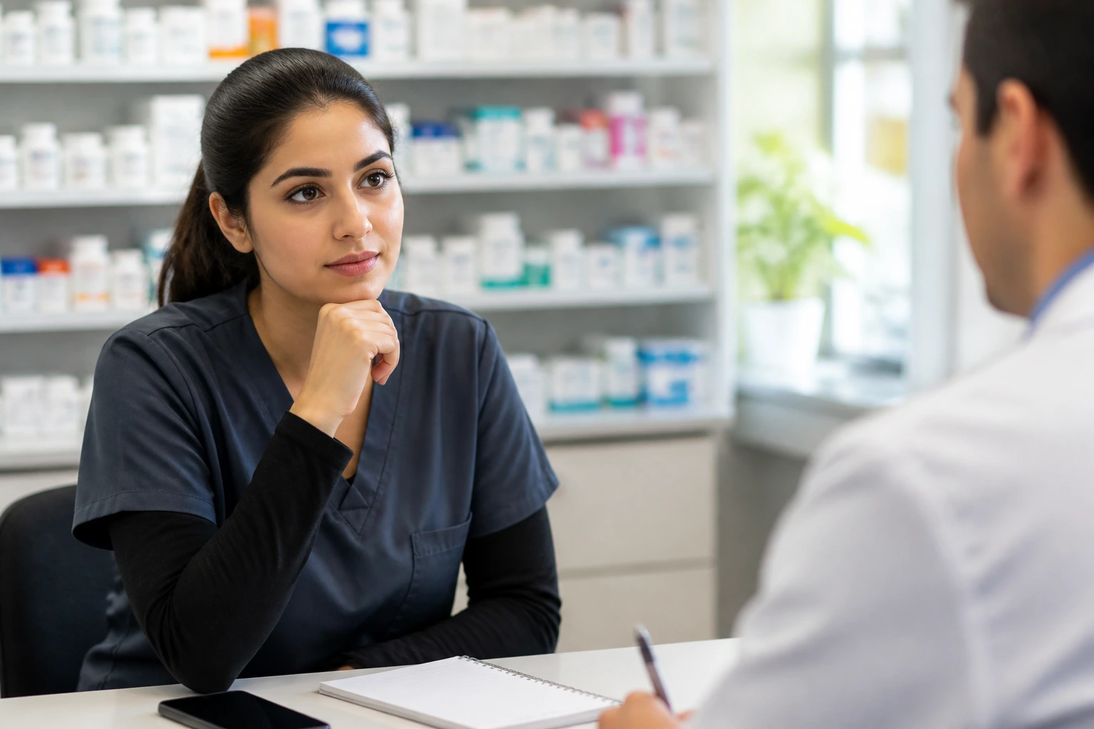 Candidate in a pharmacy interview setting, thoughtful expression