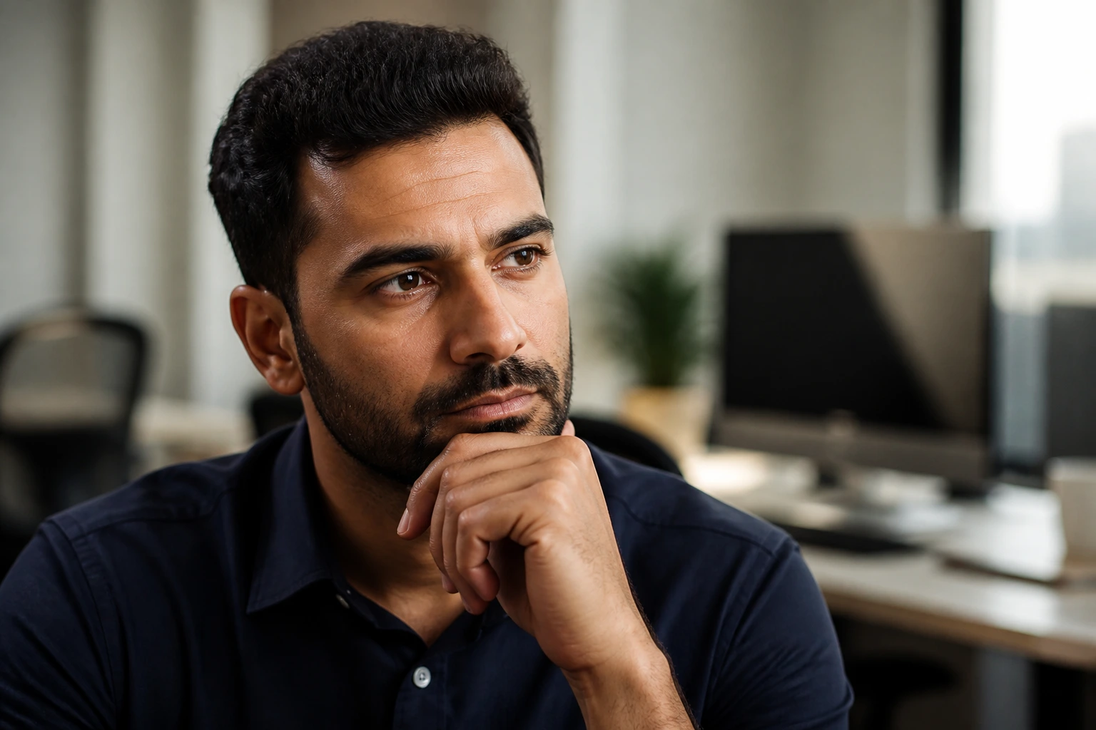Portrait of a real person in an office, looking thoughtful