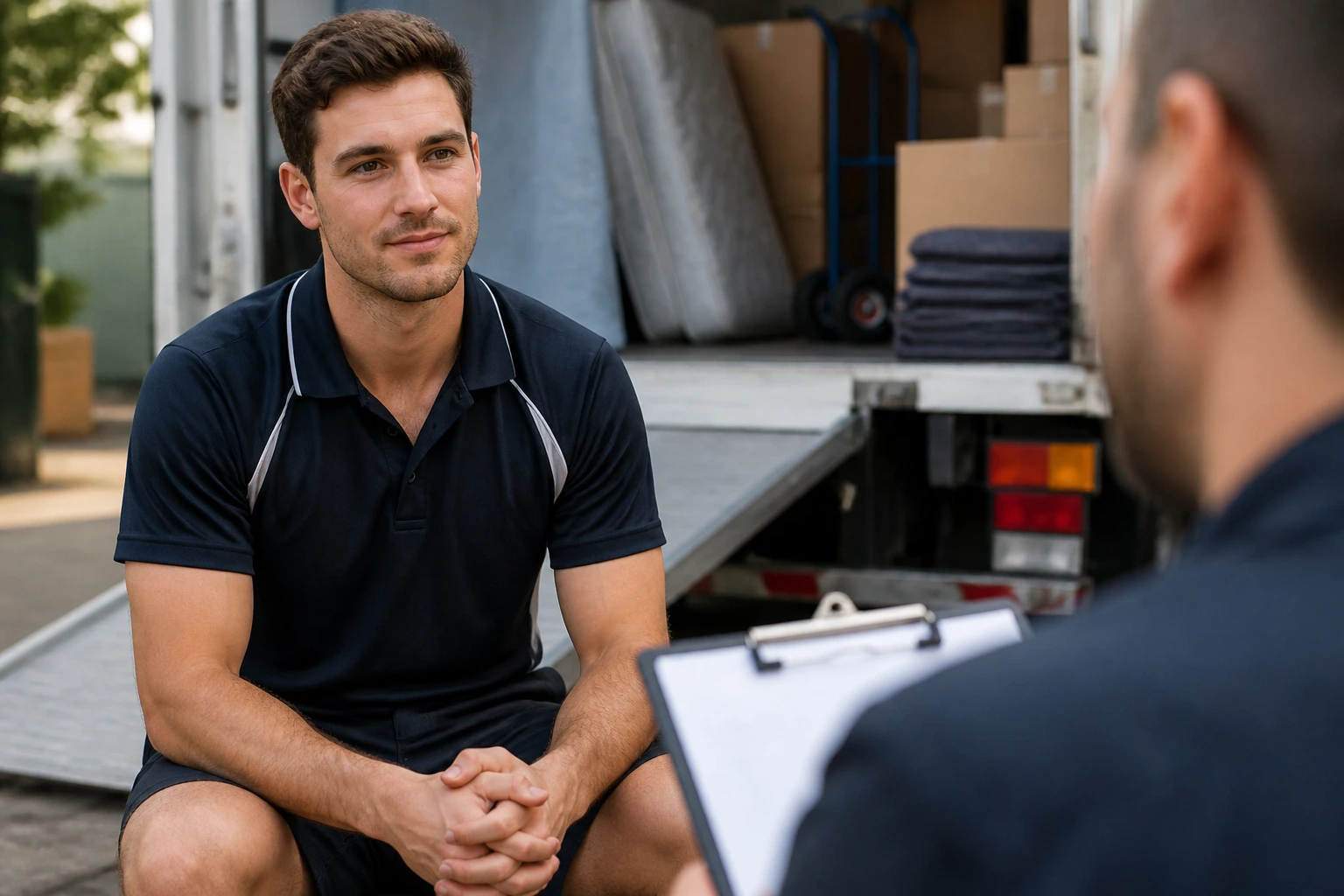 Candidate in removalist interview beside moving truck