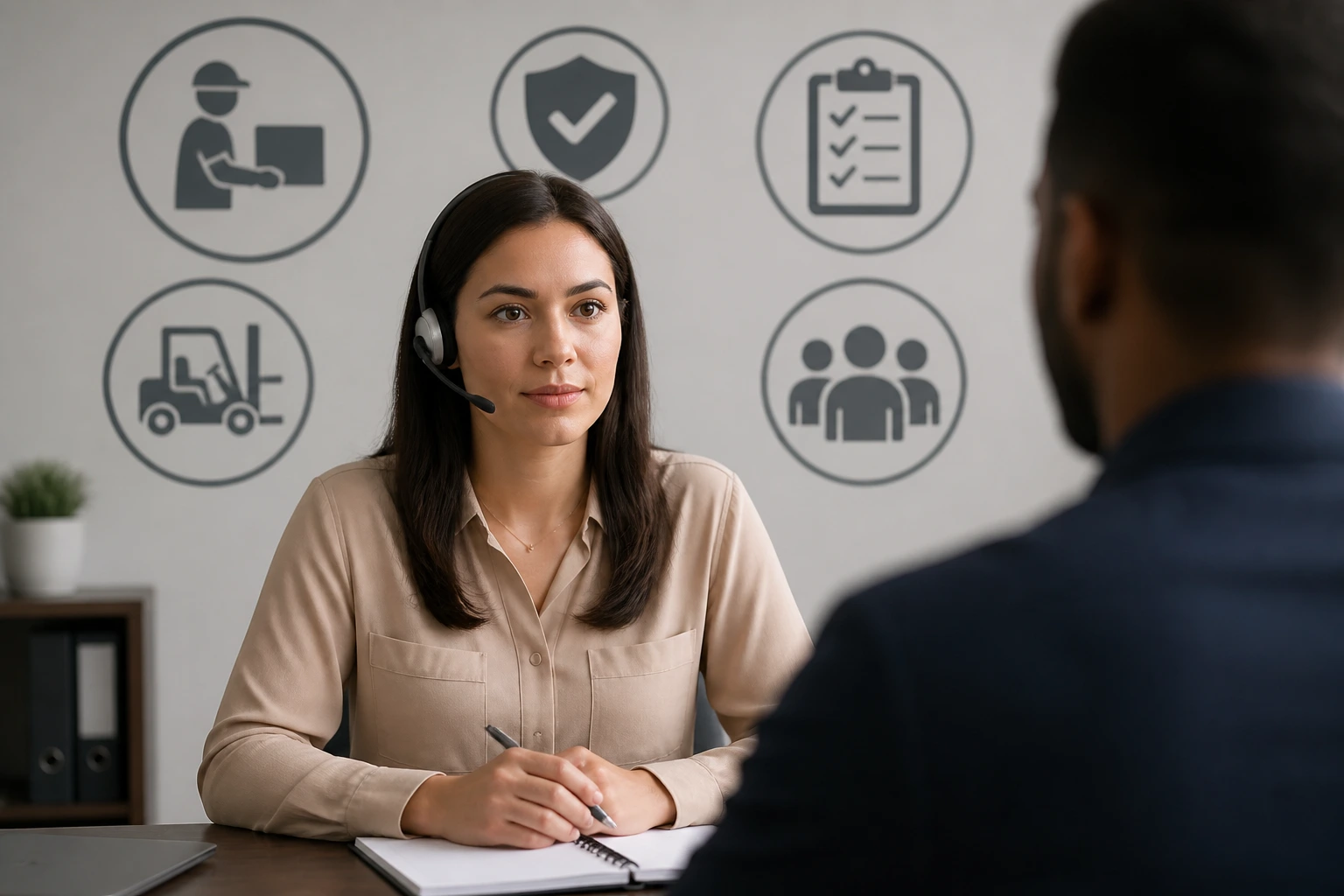 Candidate in interview setup with icons representing questions and risk topics