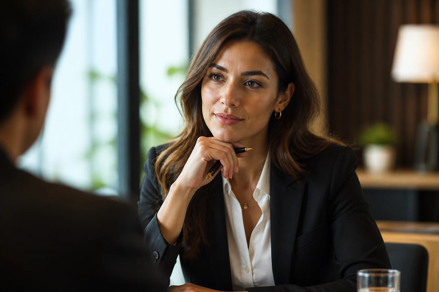 Close-up portrait of a professional in an interview, thoughtful expression and warm window light