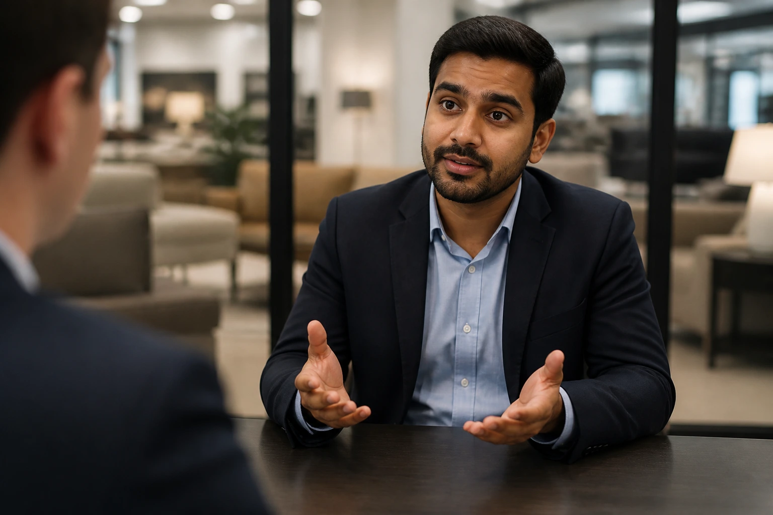 Candidate in smart attire during interview in a modern office