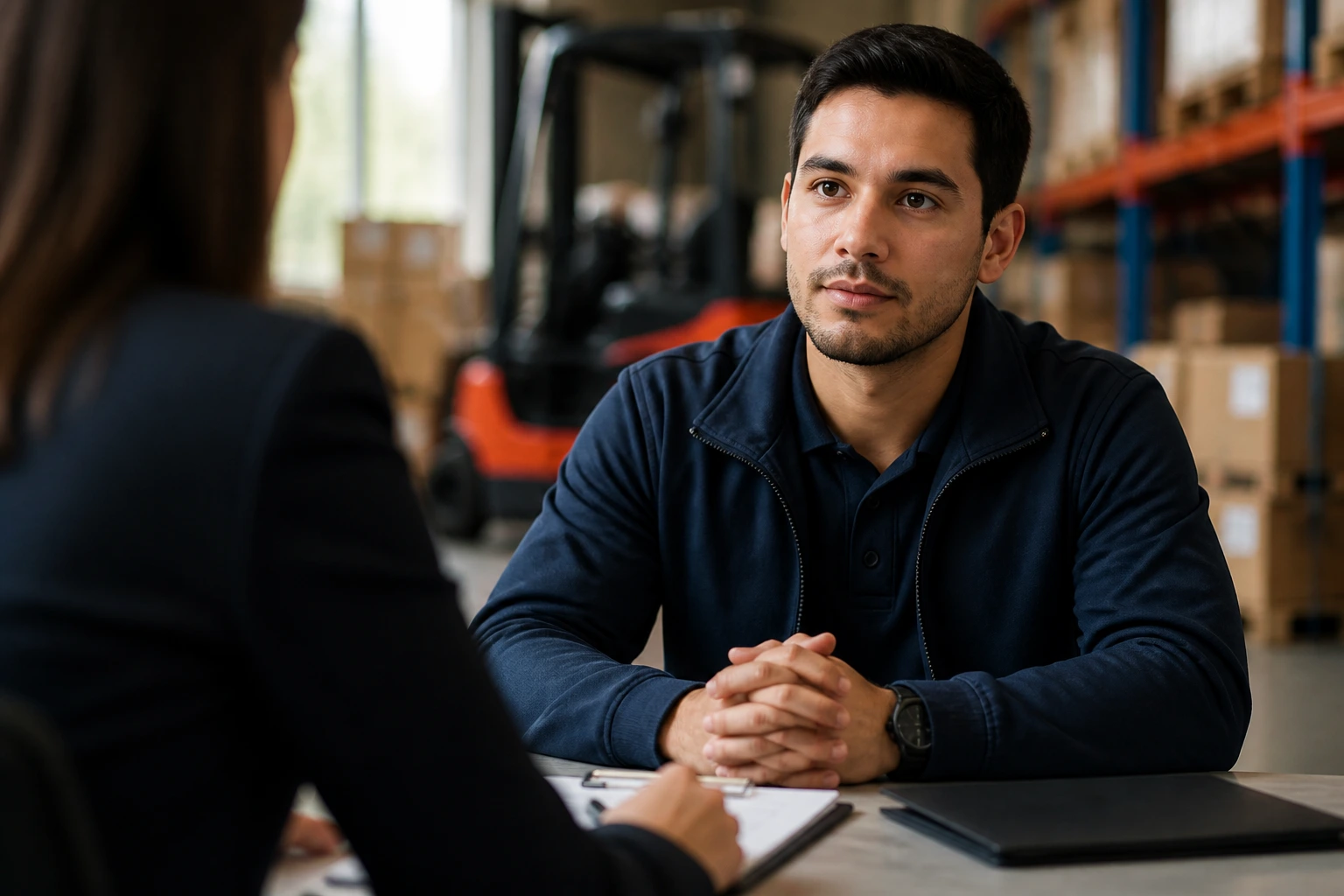 Person in a professional interview setting ready to answer questions