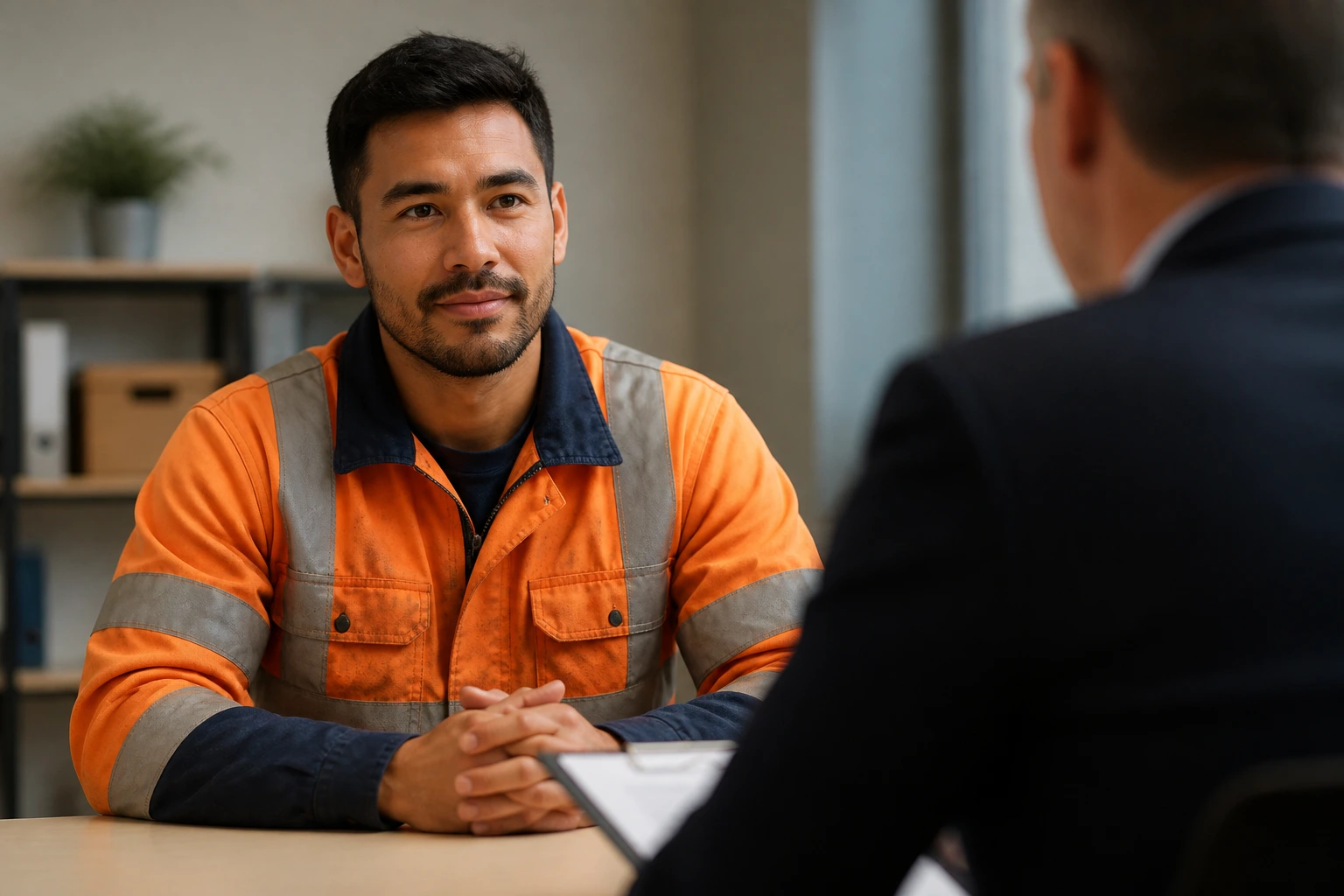 Person in a job interview setting, ready for questions.