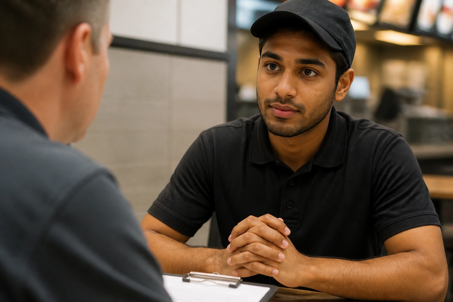 Close-up of candidate during a quick interview in a QSR setting, focused and calm