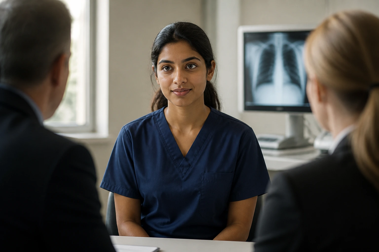 Radiographer candidate in NHS interview setting demonstrating technical and behavioral readiness