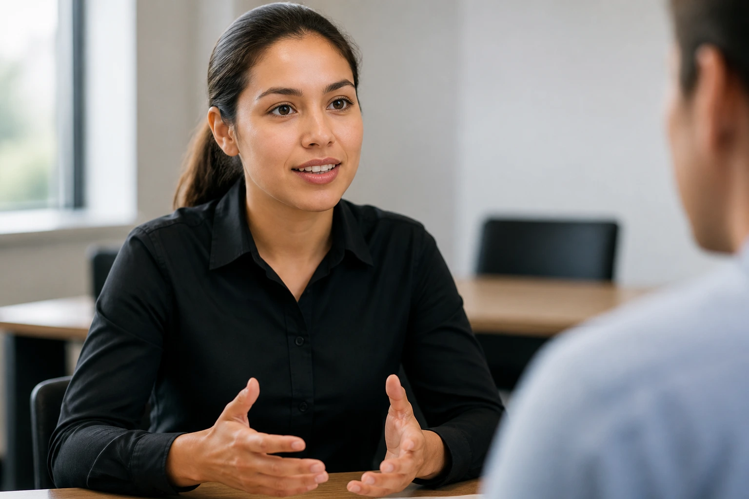 Close-up interview candidate delivering concise answer for high-volume restaurant hiring