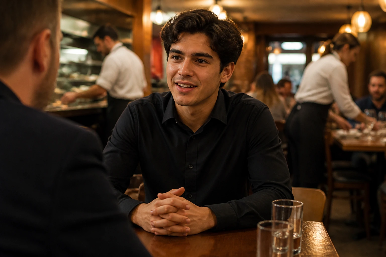 Portrait of a candidate during a restaurant interview in a real venue.