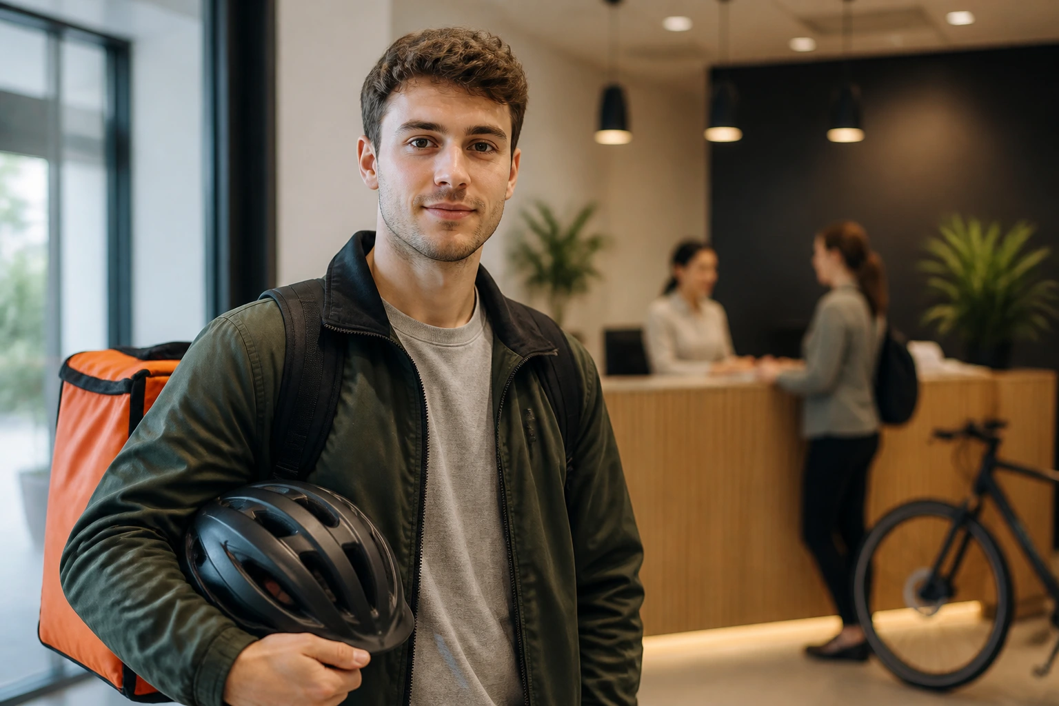 Rider in interview attire with helmet in a blurred reception background