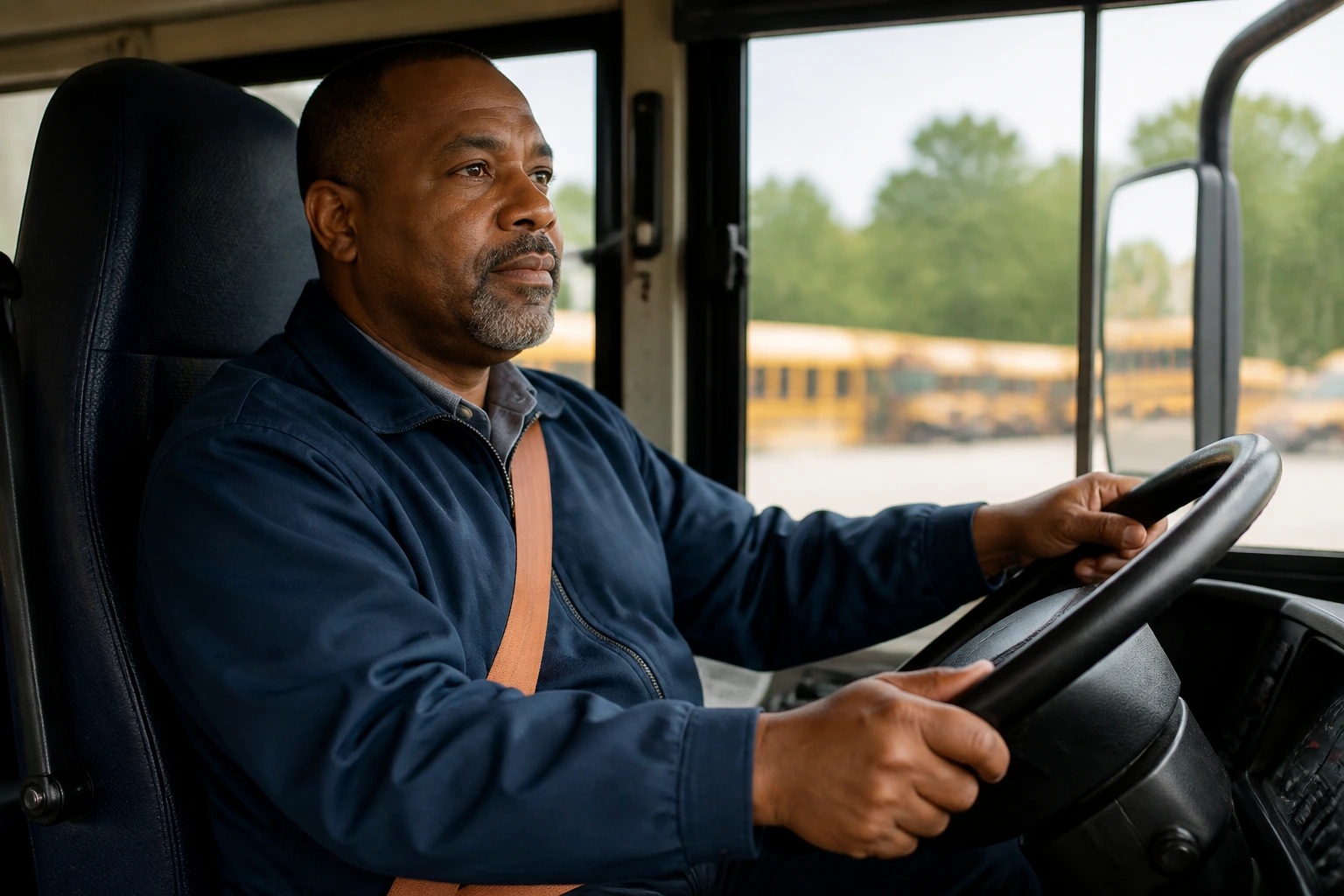 Bus driver in cab ready for interview and road test scenario.