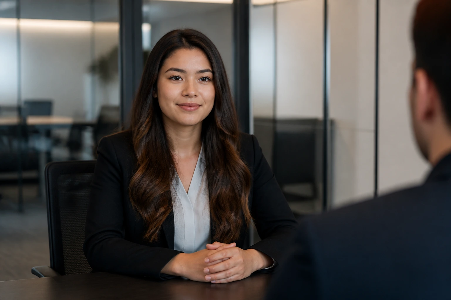 Real candidate in a modern interview room during a mock interview