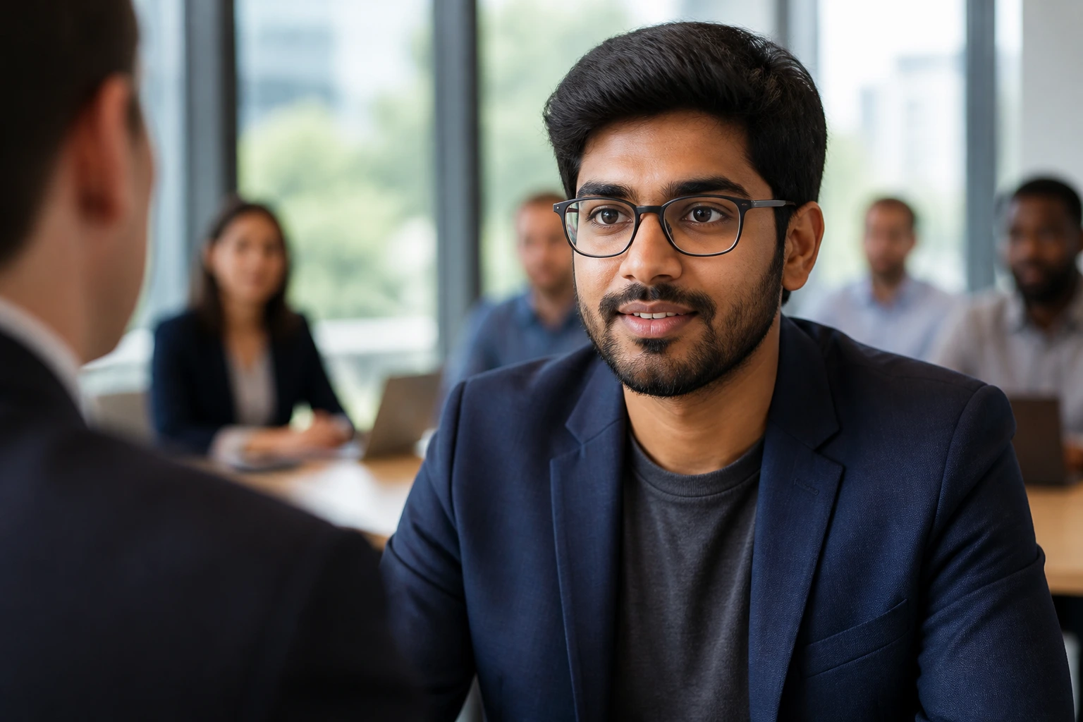 Close-up portrait of an AI engineer during an interview in a modern office