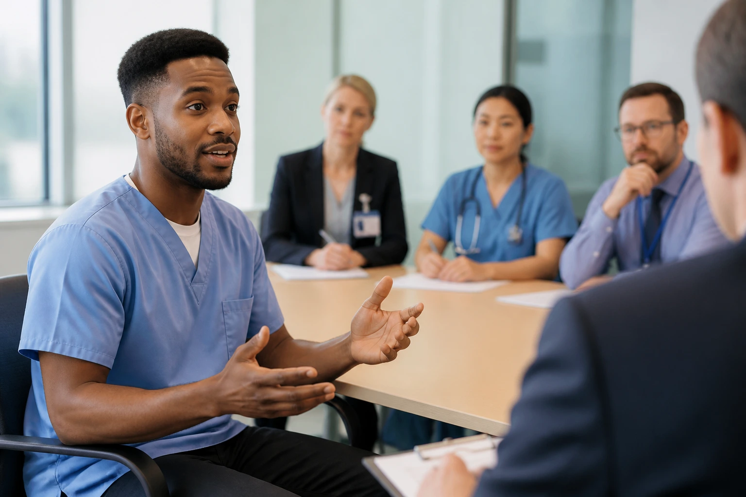 Candidate giving a confident answer in a hospital interview room.