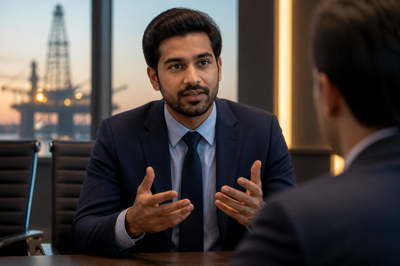 Portrait of engineer in interview, focused and engaged