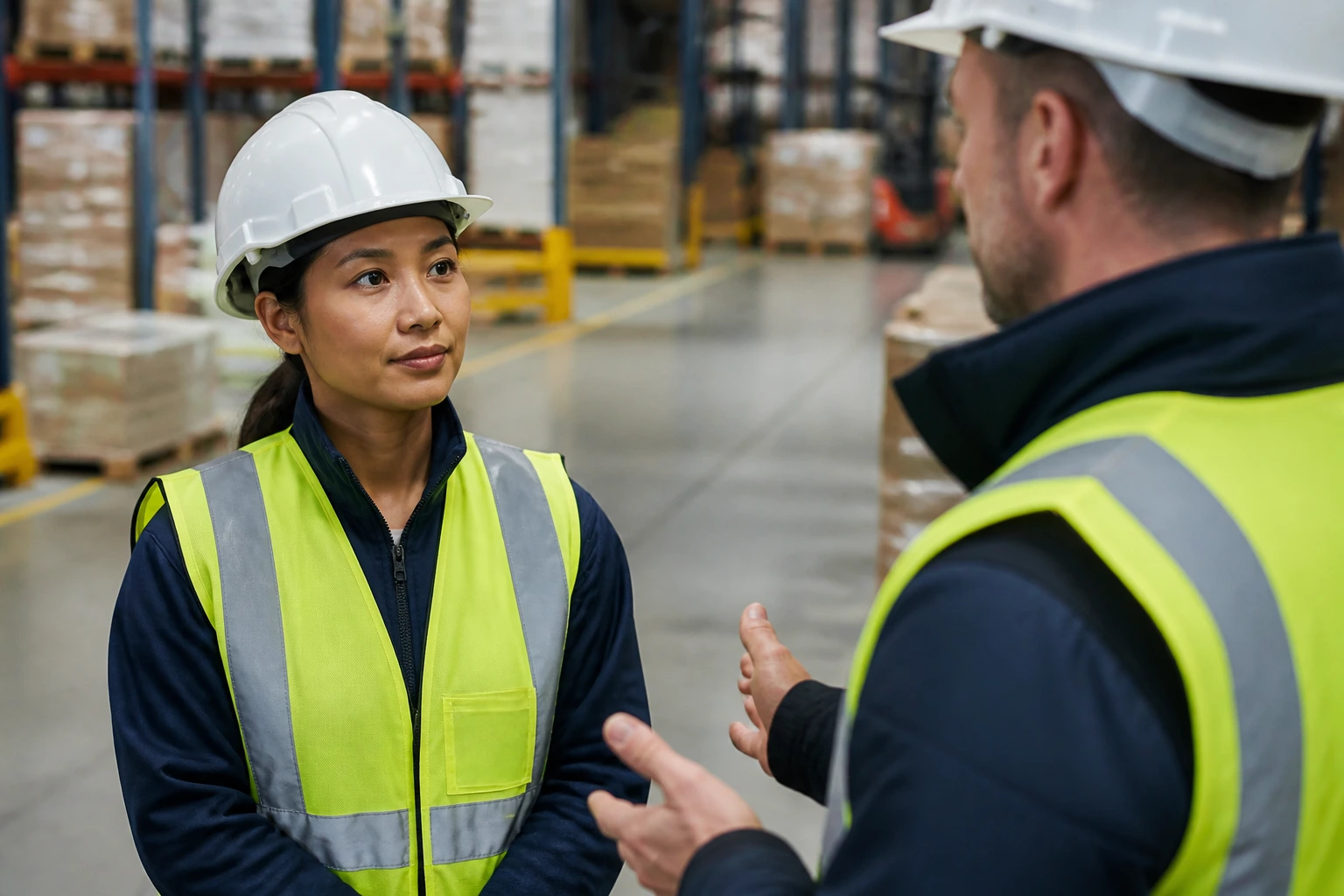 Candidate in PPE on an industrial site during a site tour or interview