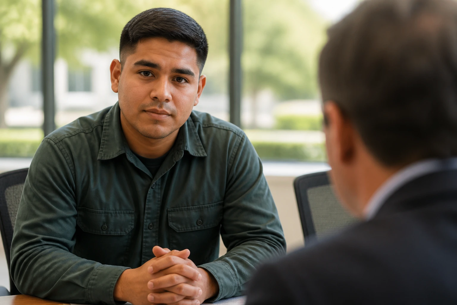 Candidate in a sponsored groundskeeper job interview