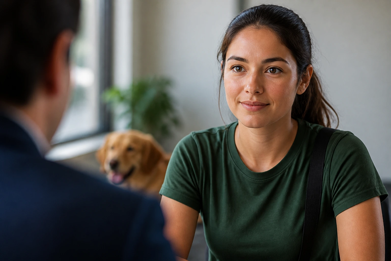 Portrait of a real job candidate in an interview room