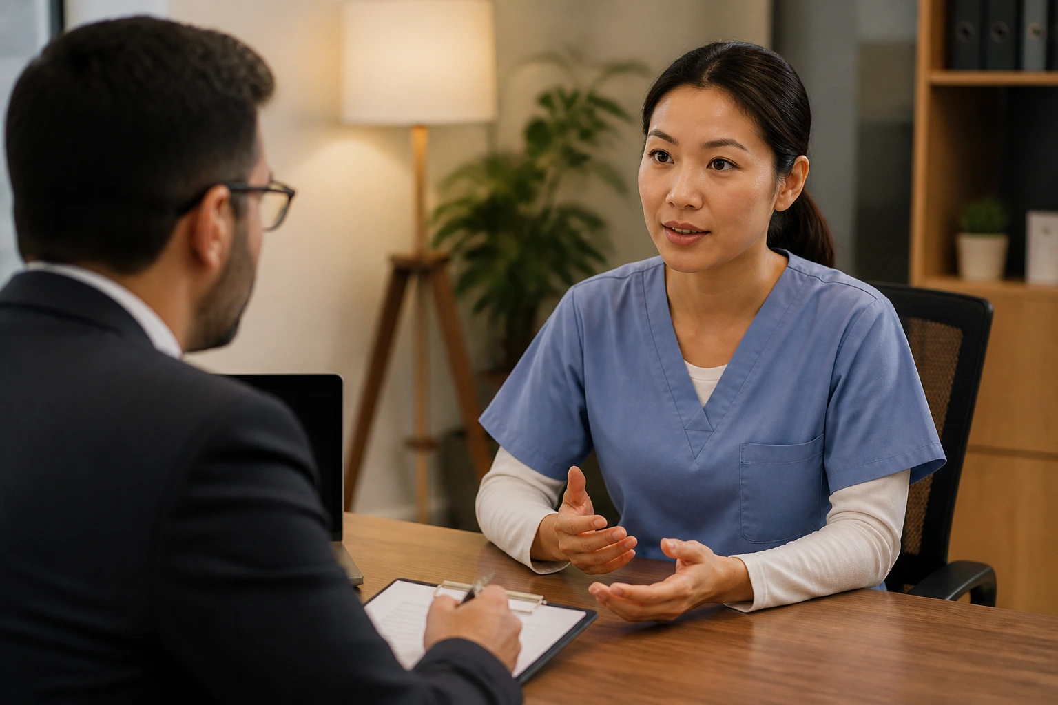 Candidate in interview with employer in an office.