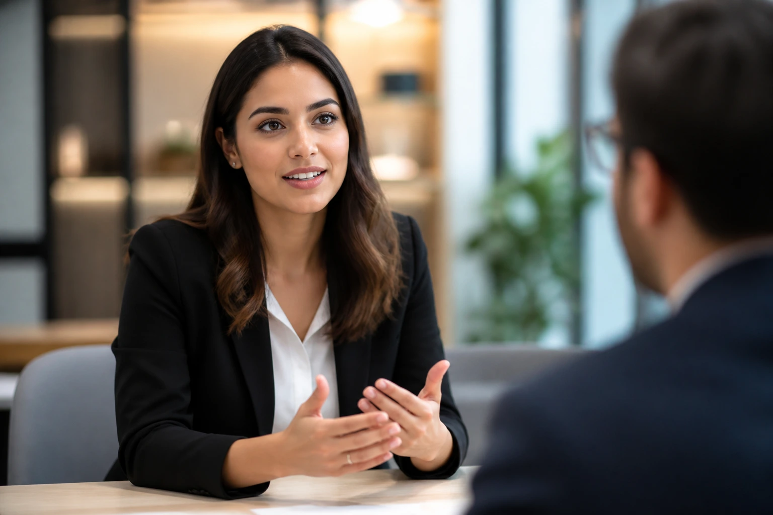 Candidate in a professional interview setting, conveying confidence.