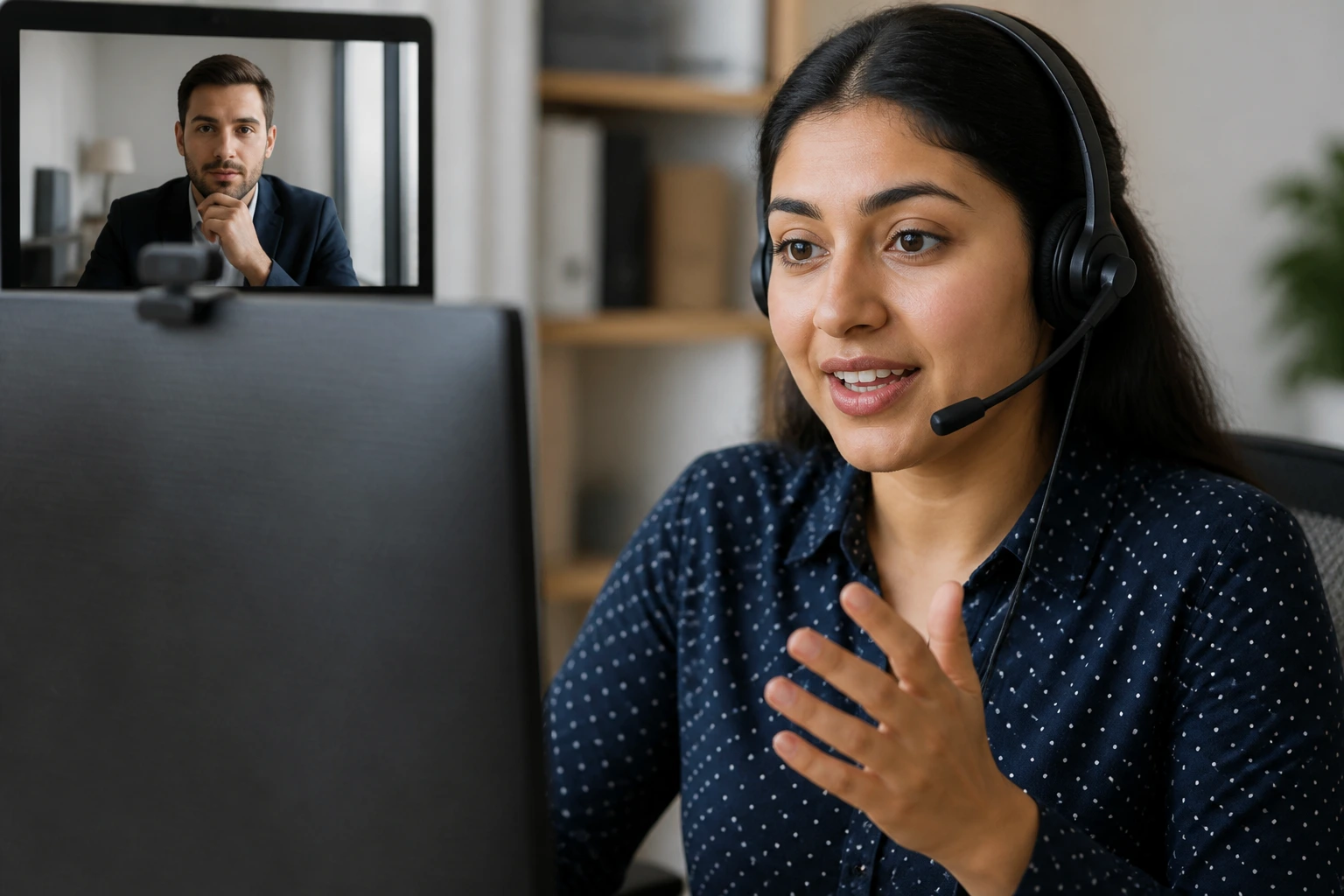 Person during a video interview for a sponsored customer service role.
