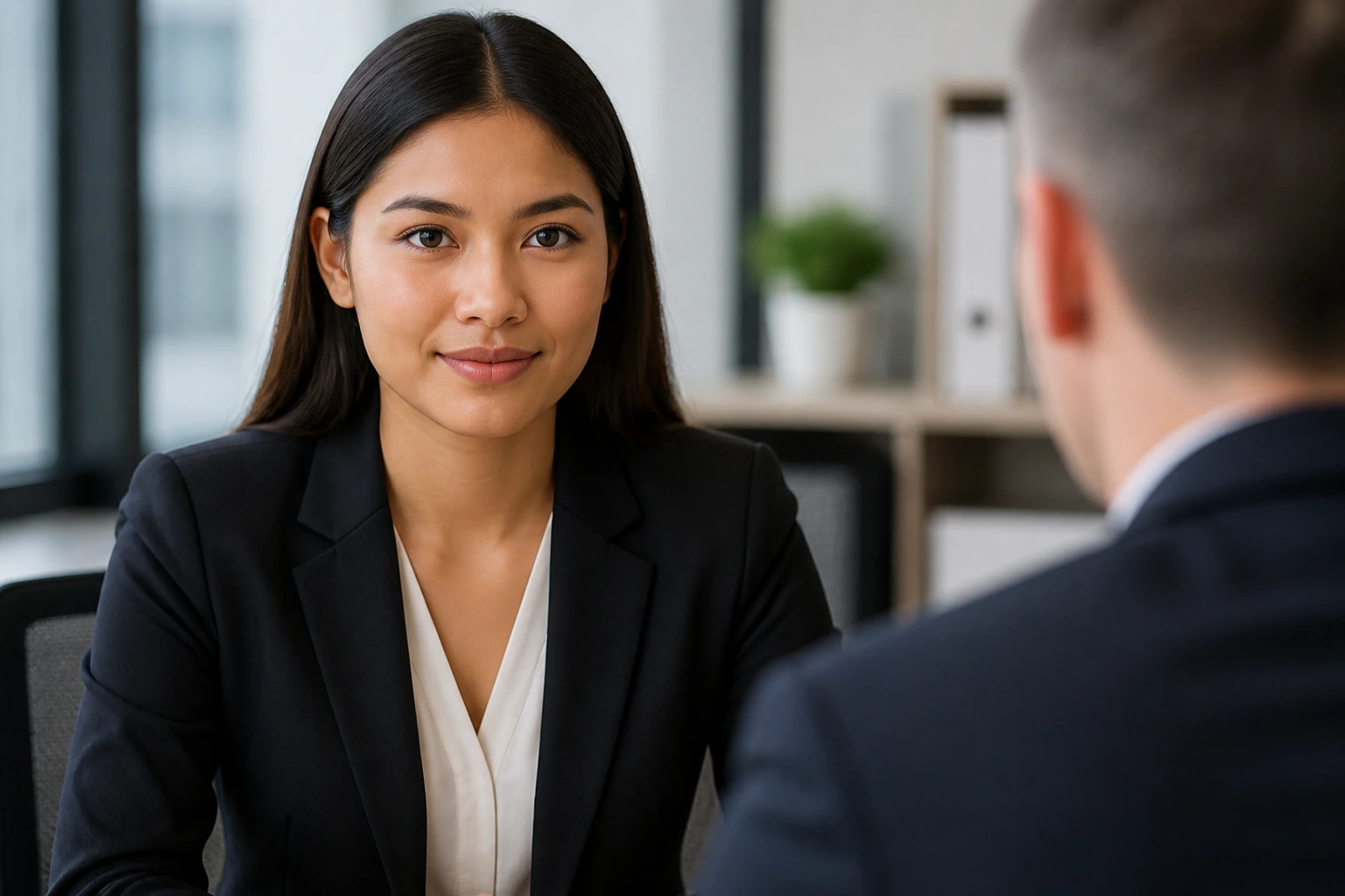 Close-up of an offshore applicant in a professional interview setting, calm and focused.