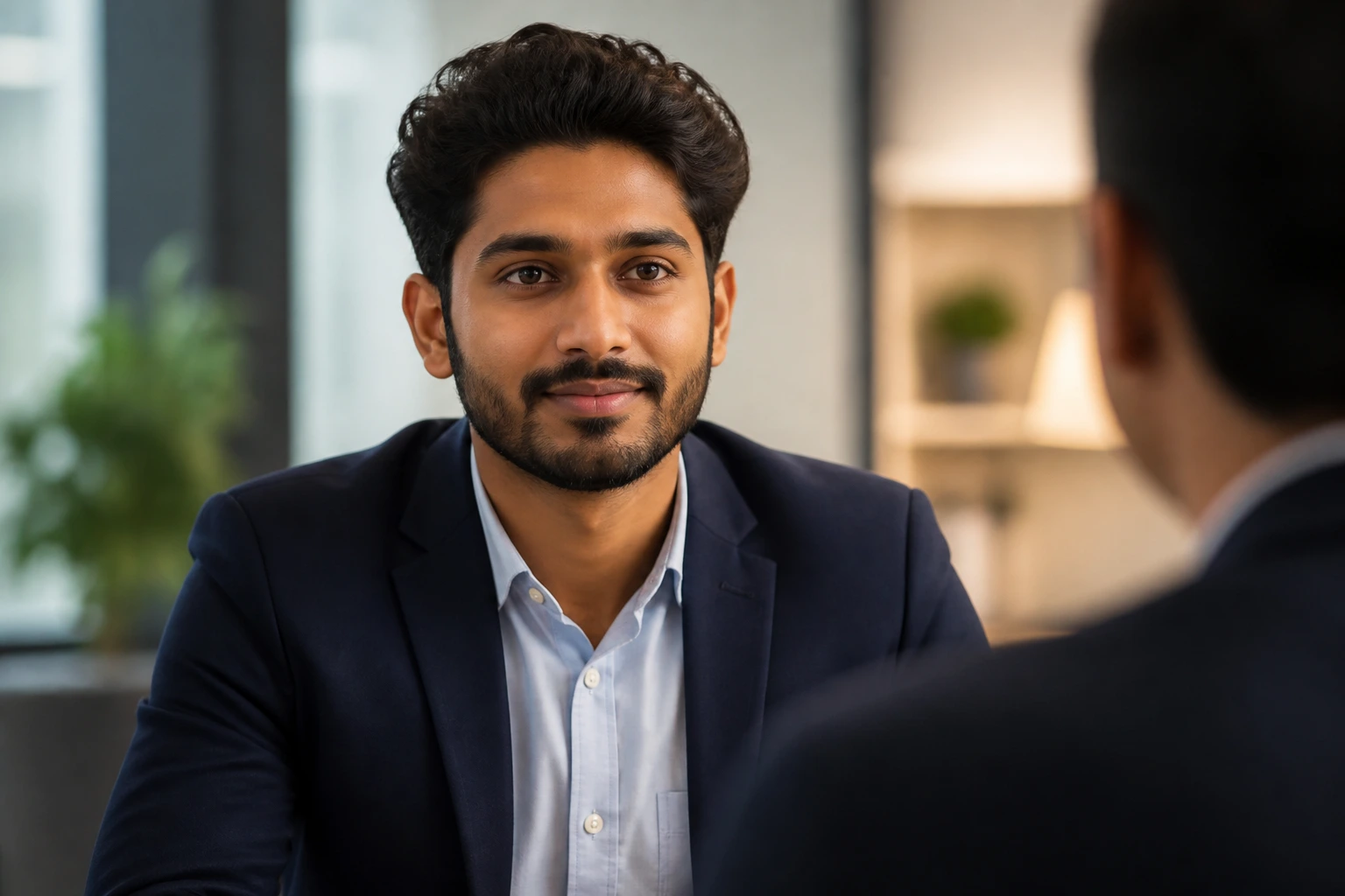 Close-up portrait of a data scientist candidate during an interview.