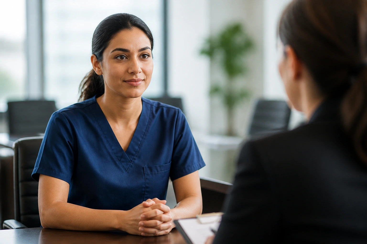 Portrait of a PT candidate during an interview with a focused, cautious expression.