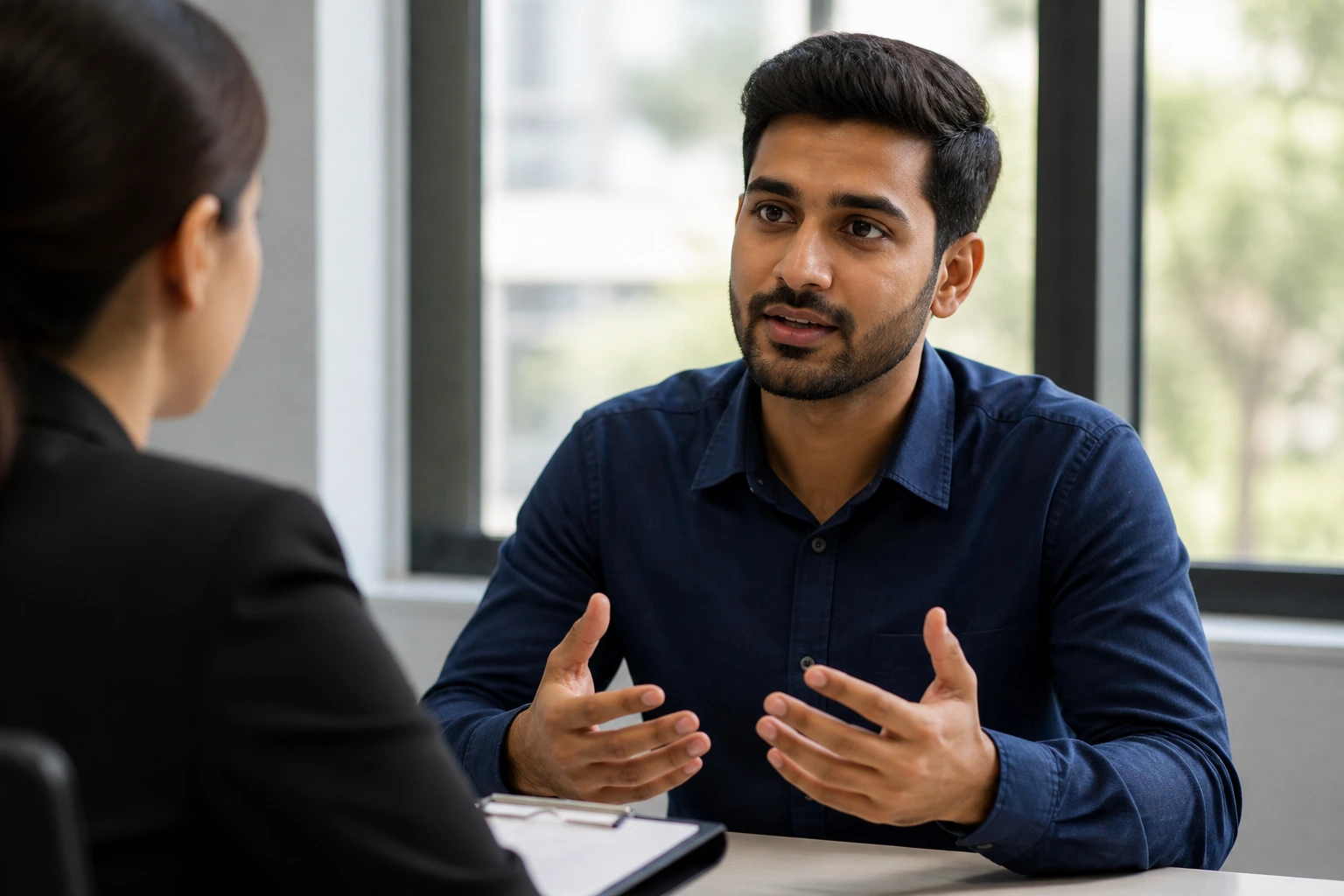 Candidate speaking in interview with confident posture