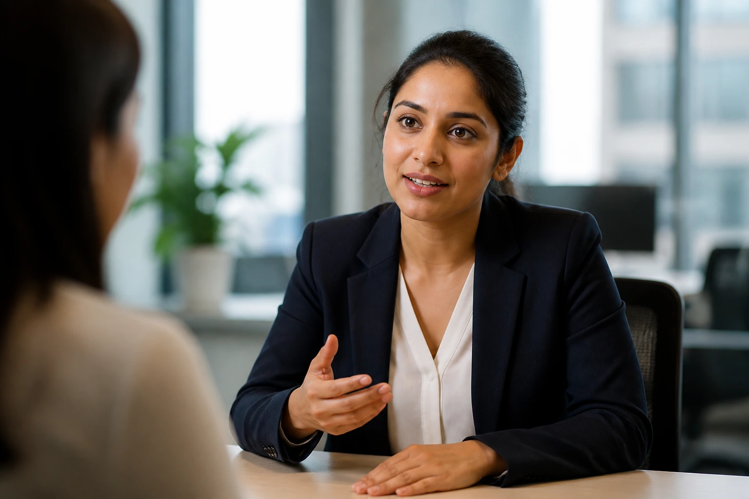 Real person in a meeting room giving a confident sponsorship-related interview answer.