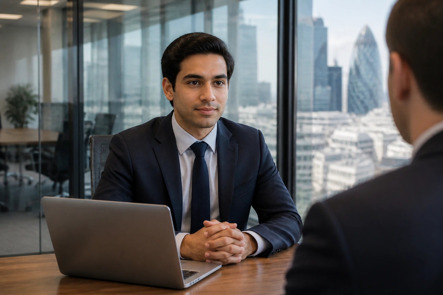 Candidate in a formal interview setup in a modern office, illustrating the international interview process