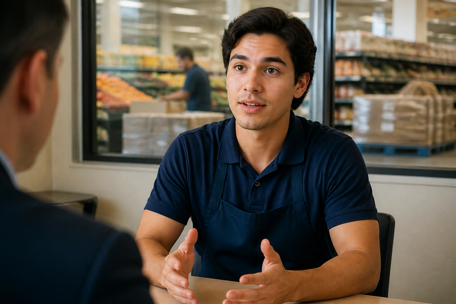Confident stocker candidate answering interview questions in a break room
