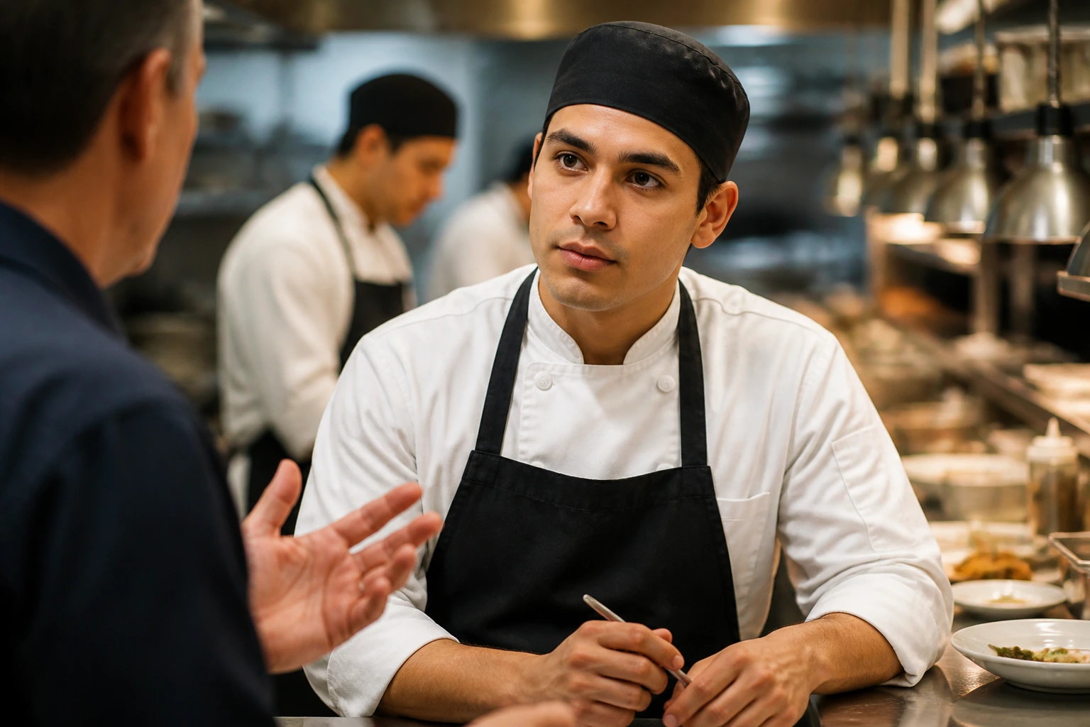 Medium close-up of a cook in a kitchen during a test interview/trial shift, calm and focused