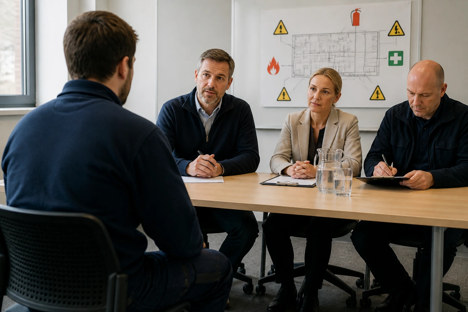 Candidate facing a panel in a small interview room with a hazard diagram backdrop
