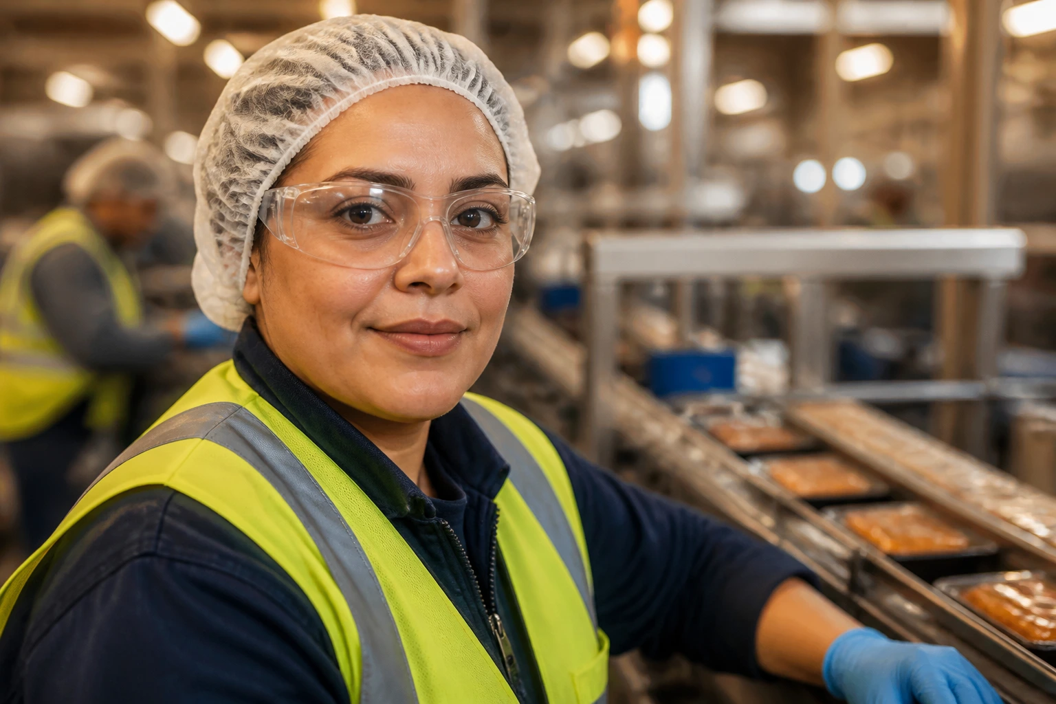 Real worker in PPE on factory floor prepared for interviews and tests