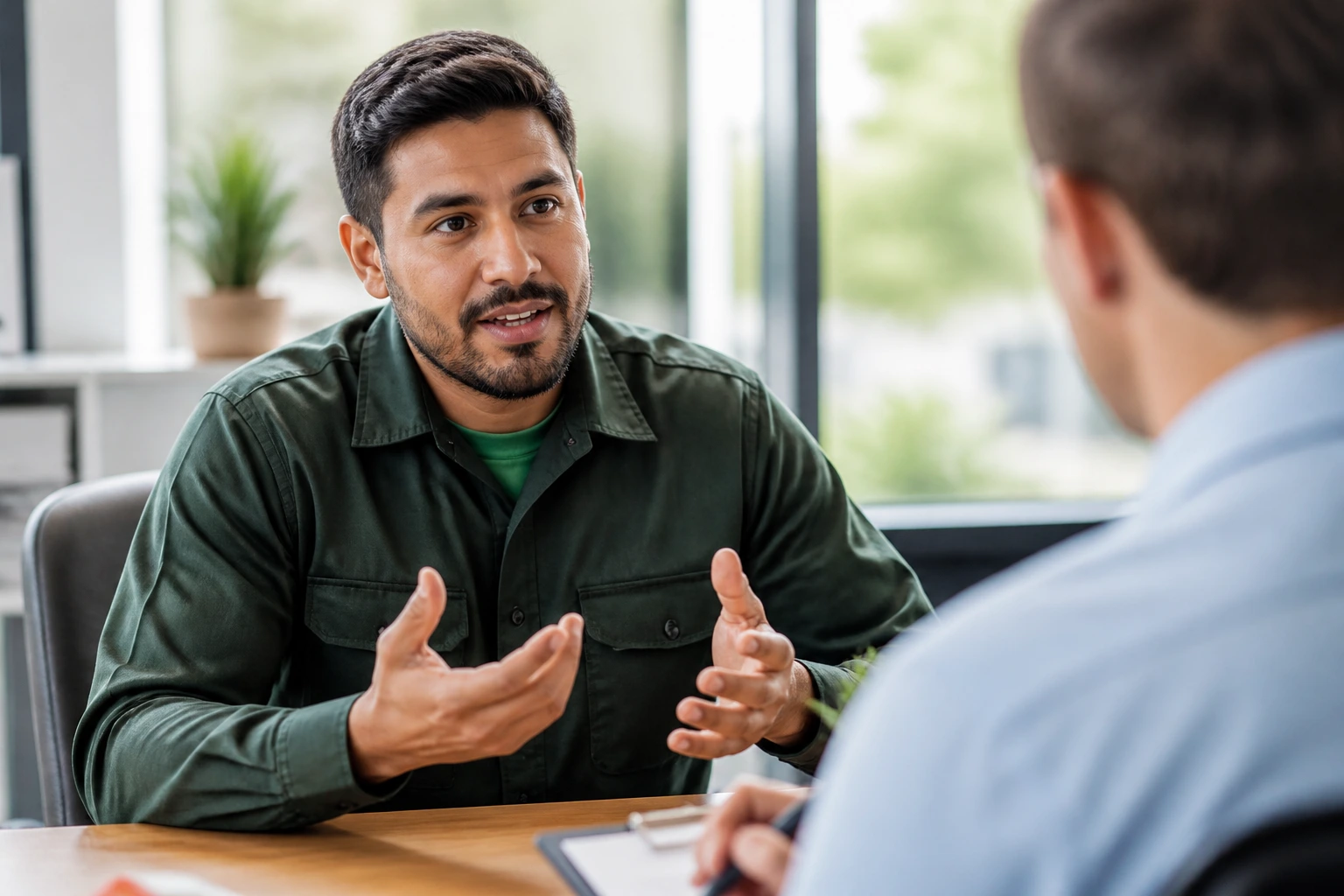 Job applicant delivering specific, concrete interview answers in an office setting