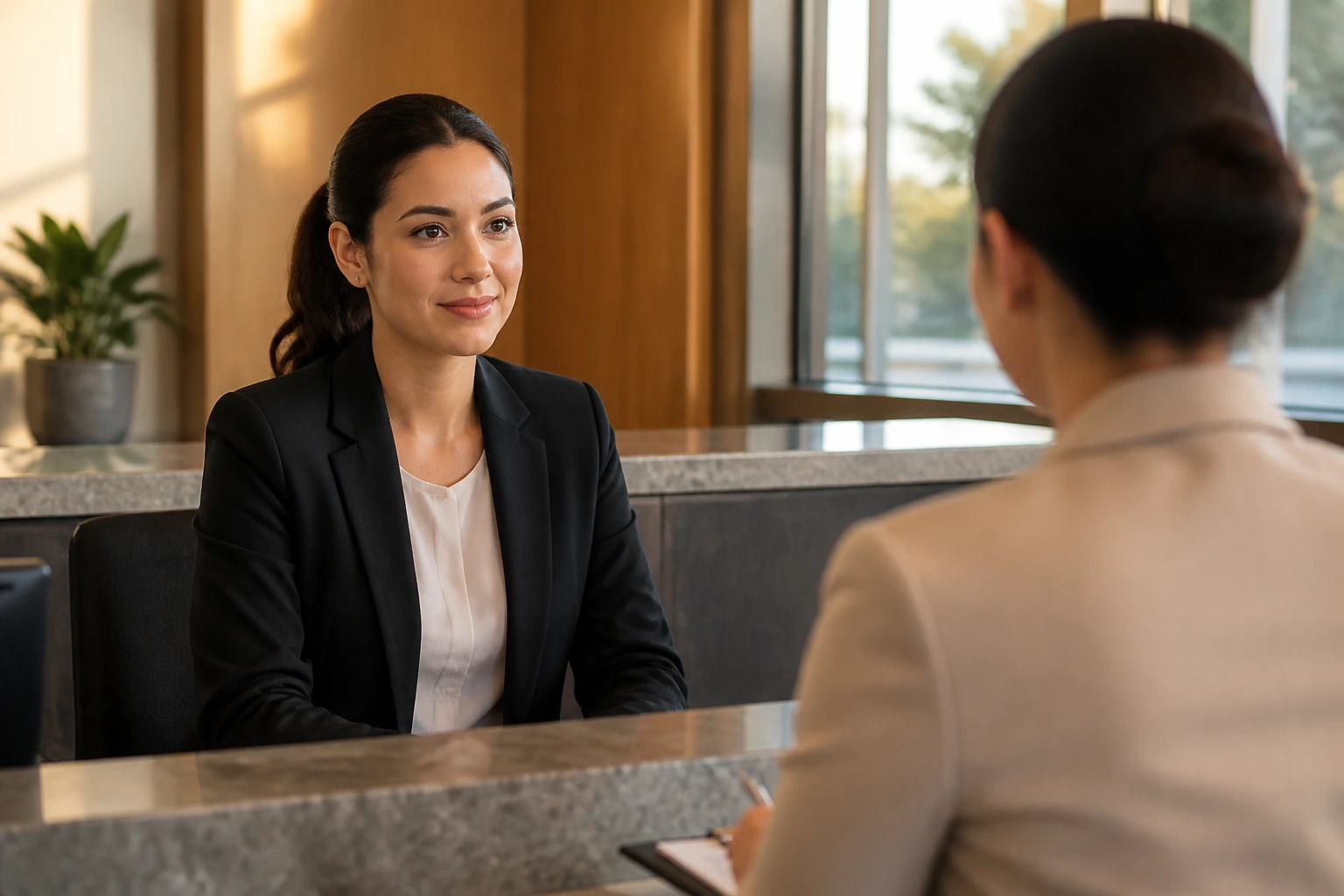 Candidate at front desk during interview with interviewer in background