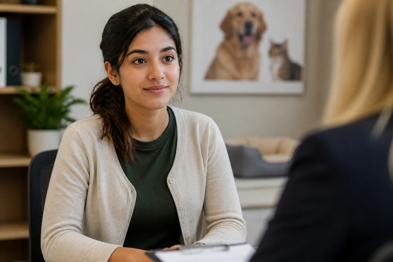 Portrait of interview candidate in a calm setting, illustrating readiness for animal-care job interviews