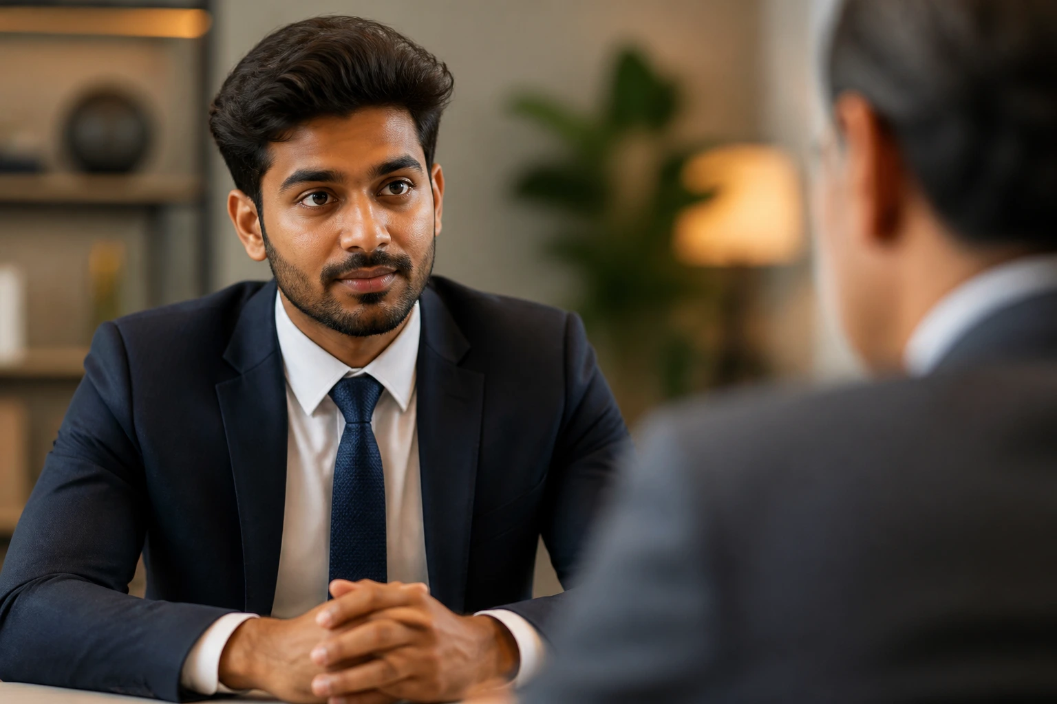 Portrait of a candidate during a job interview in a professional room
