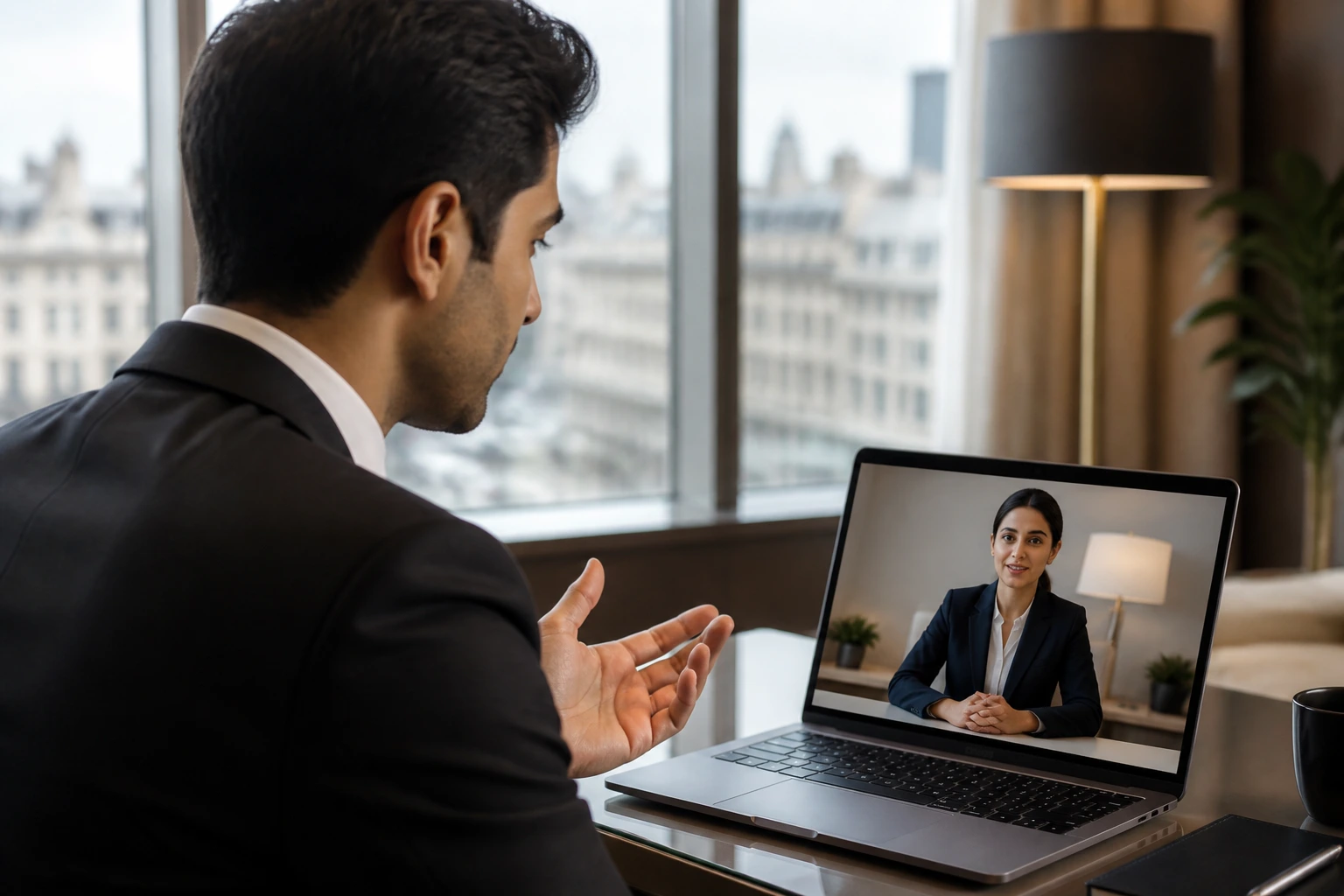 Candidate in video interview for UK hospitality role in a modern office