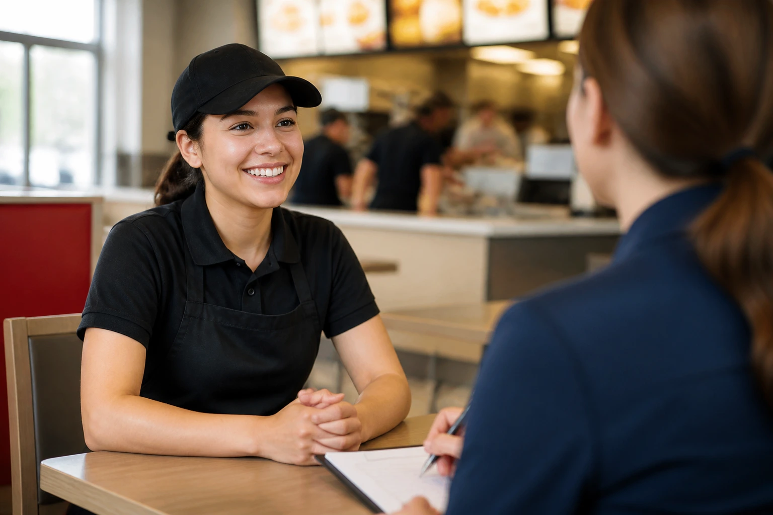 Candidate during a fast-food crew member interview in a restaurant