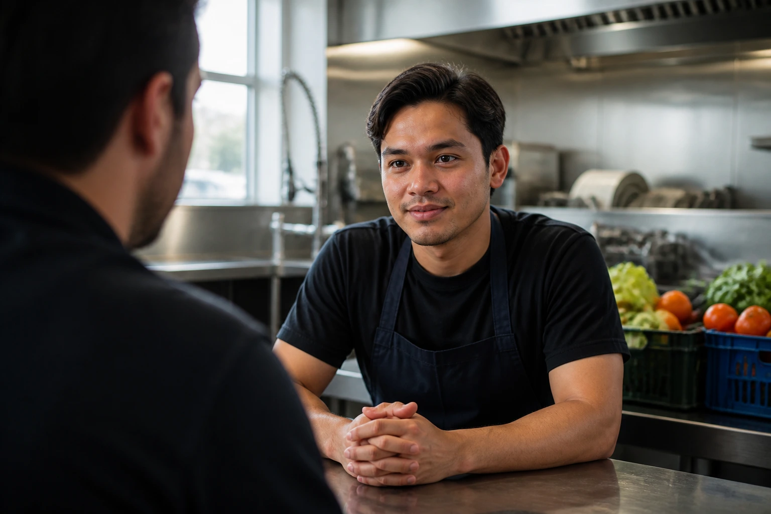 Real person during a kitchen interview with a manager silhouette nearby